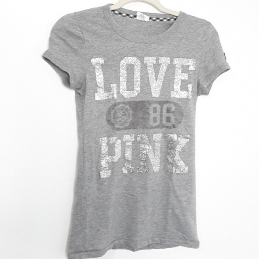 Pink Shiny Logo Spell Out Campus Short Sleeve Tee